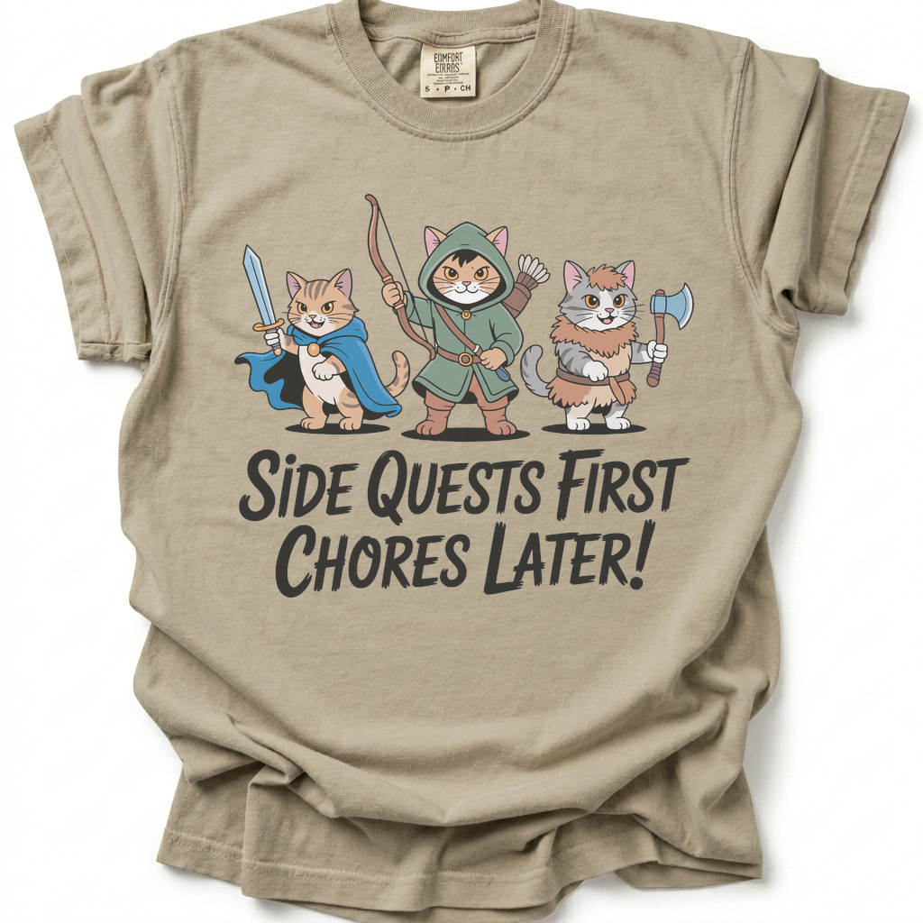 Side Quests First T-Shirt - Sand Stone