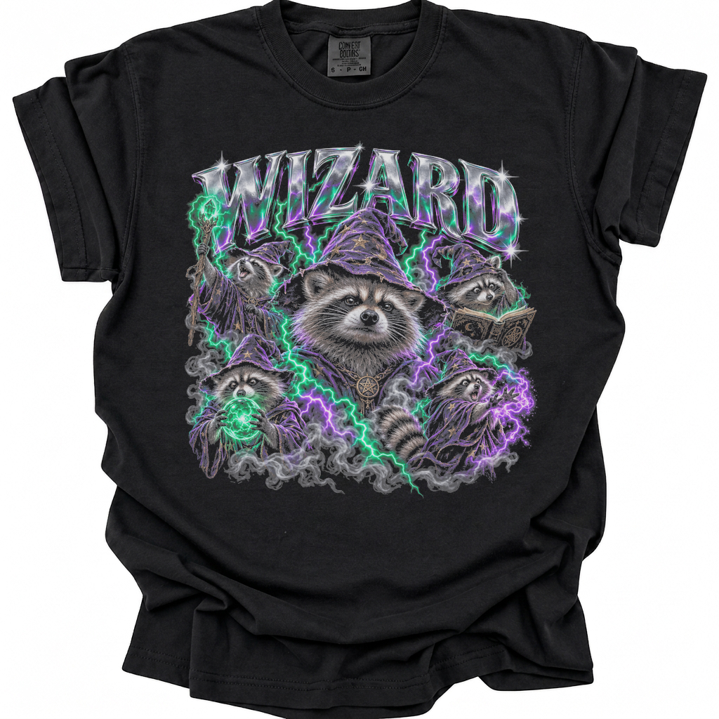 Wizard Racoon Fantasy T-Shirt - Black