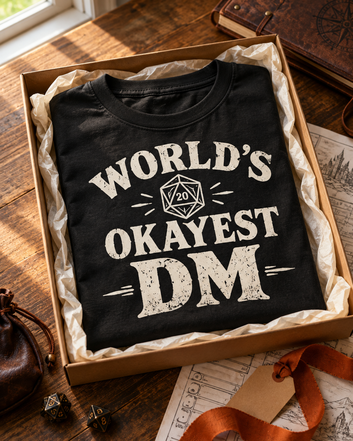World's Okayest DM tee folded in a gift box