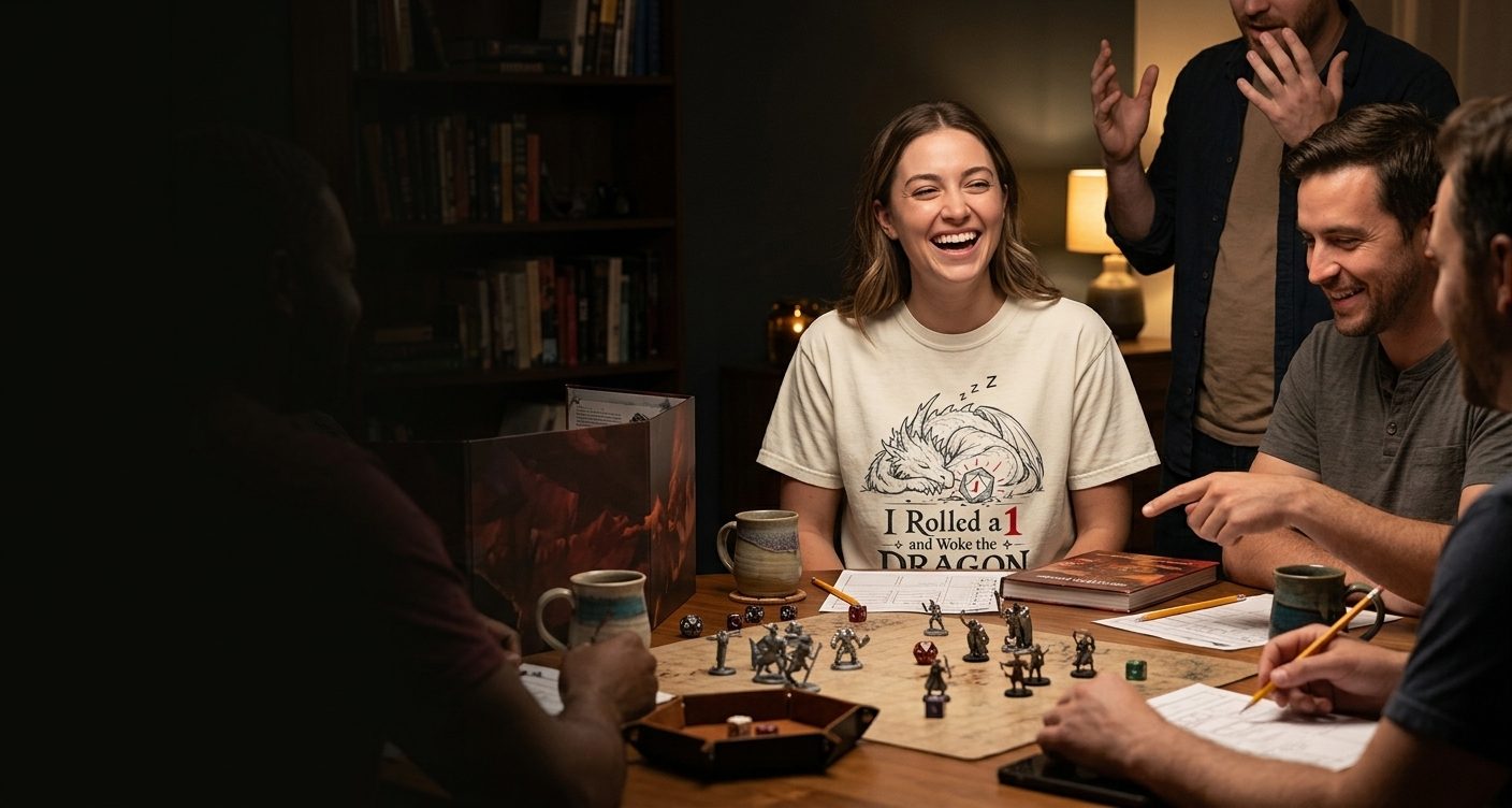 Friends laughing around a game table, one wearing the I Rolled a 1 and Woke the Dragon tee