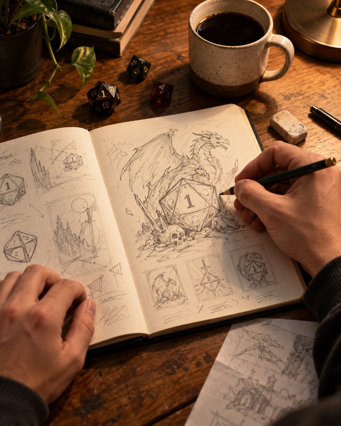 Hands sketching a dragon and d20 design in a notebook beside dice and a coffee mug
