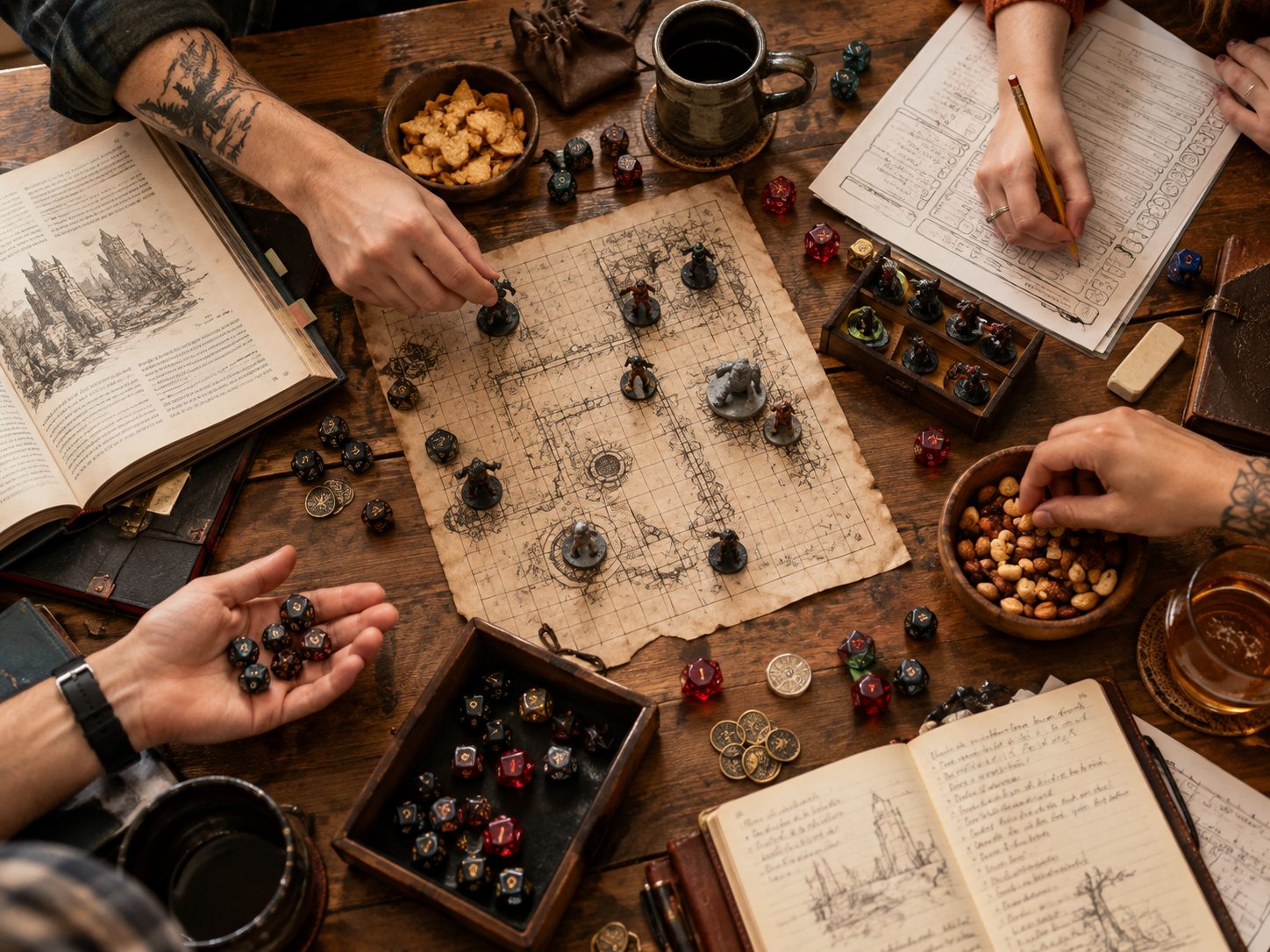 Overhead of a game table mid-session: dice, map, miniatures, snacks and hands reaching in